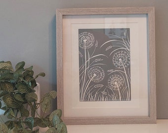 Dandelion Clock Lino Block Print, Grey, Decor, Home Decor, Wall Art, Wild flower artwork, Botanical Print, Nature Print, 8"x10", 10x12" art