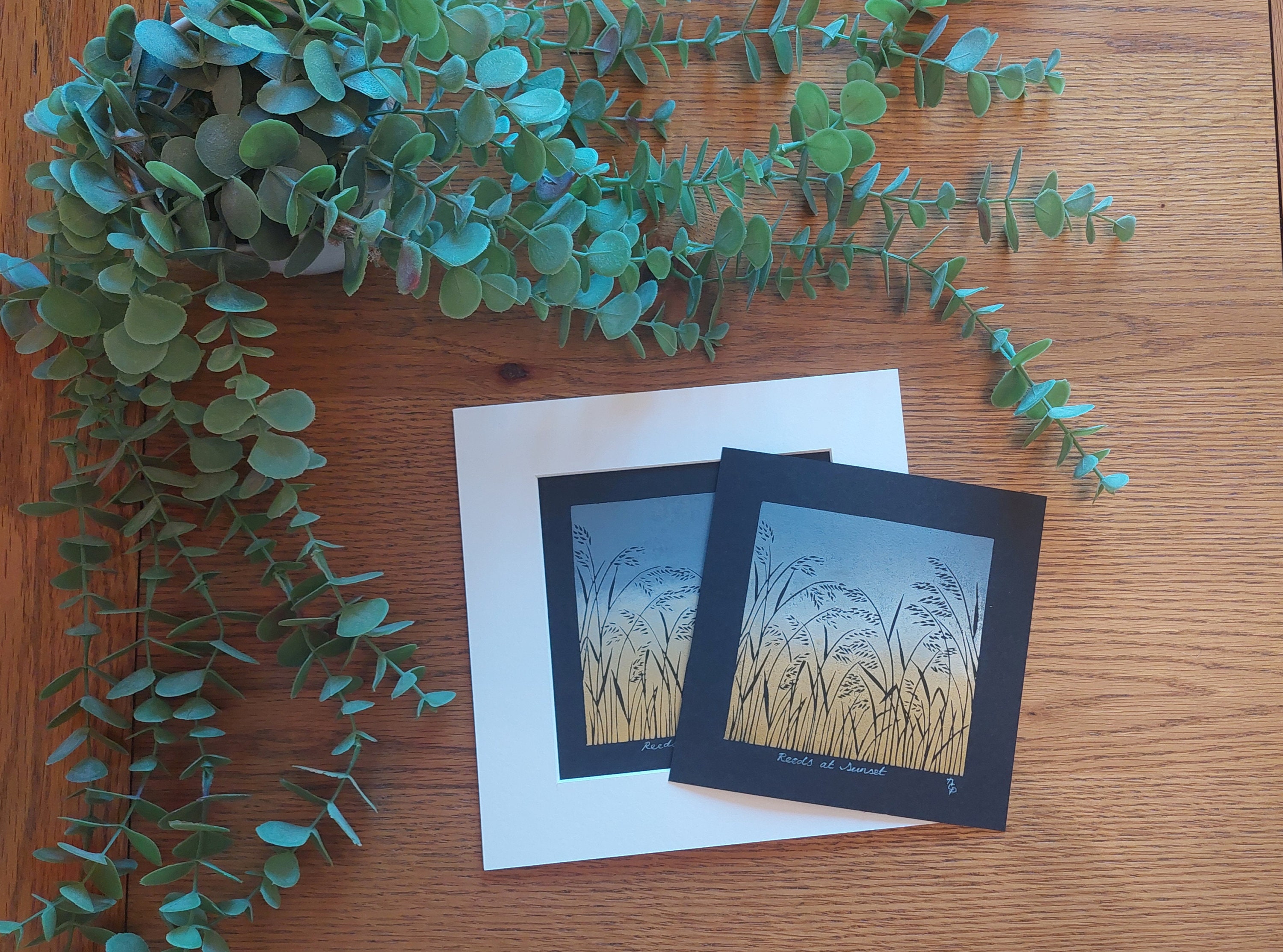Bulrushes and Reeds Lino Prints, Grey and Ochre Print, Landscape Block ...
