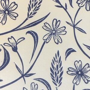Stichwort Blossom Lino Print, Blue floral block print, 10x8 Prussian Blue art, Wild flowers Print, Blue home decor, Blue wall art, image 6