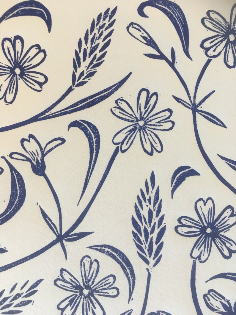 Stichwort Blossom Lino Print, Blue floral block print, 10x8 Prussian Blue art, Wild flowers Print, Blue home decor, Blue wall art, image 6