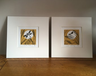 Dragonfly Lino Block Print set, Dragonfly wall art, Demoiselle Print, Dragonfies Art, Dragonfly Artwork, Mustard Home decor, Ochre wall art
