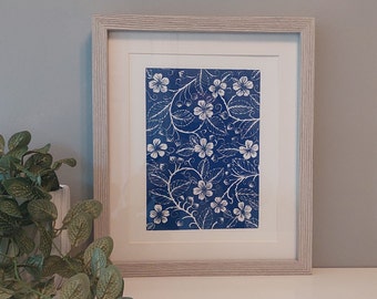 Floral Lino print, 8x10 art, Blue print, Blue wall art, Bramble blossom art, Blue home decor, Flowers print, Handmade print, Blossom art