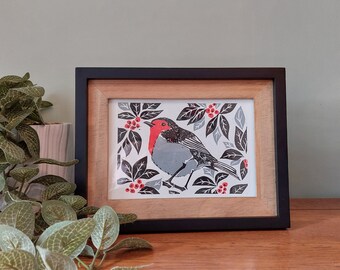 Robin Lino print, Robin redbreast print, bird lino print, 5x7 art, Robin memorial gift, black and red art print, robin wall art