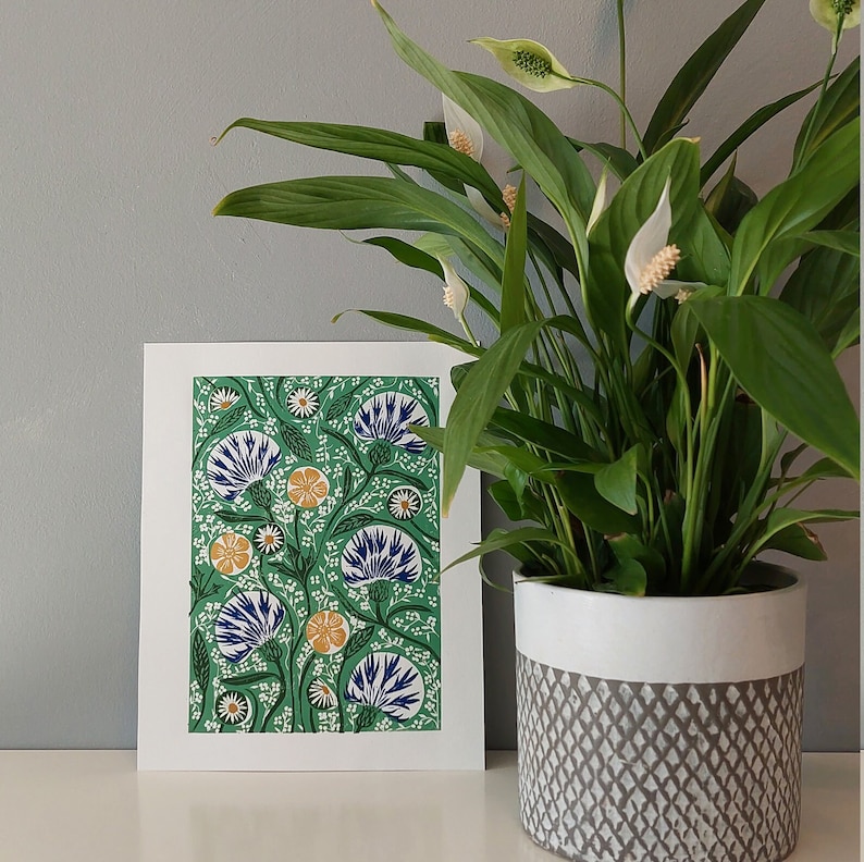 Wild flowers Lino Print, Floral block print, Green plants Art, 8x10 wall art, arts and crafts style artwork, 10x12 artwork, Handmade print image 2