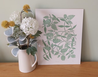 Buddleia Lino print, Sage green floral block print, Hand made flowers print, Green Wall Art, Buddleja artwork, Pretty green decor