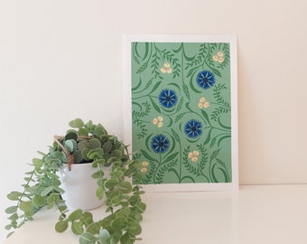 Cornflowers Lino Print, Wild flowers Block Print, Floral lino Print, Floral patterned wall art, sage green print, A4 floral print