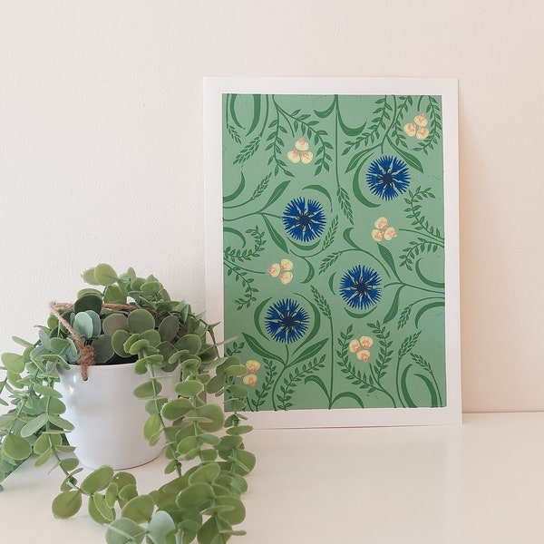 Cornflowers Lino Print, Wild flowers Block Print, Floral lino Print, Floral patterned wall art, sage green print, A4 floral print