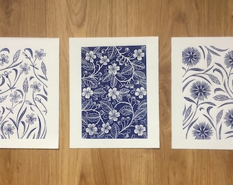 Set of 3 Blue Prints, Floral 8x10 Prints, Dark Blue Lino print set, Flowers lino prints, Blue wall art, Blue home decor, Wild flower art