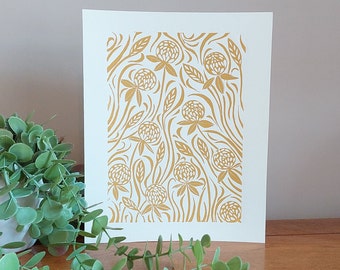 Ochre floral Lino Print, Mustard art Print, Clover flowers block print, honeycomb decor, Wild flowers artwork, Handmade Print, Ochre art