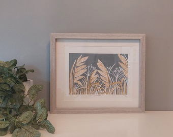 Winter Landscape Lino Print, Mustard and Grey block print, Ochre art, plants wall art, Reeds hand made print, 8x10" print, 10x12" artwork