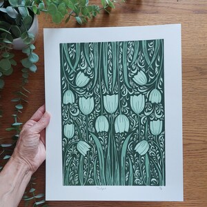 Tulip lino print, Green floral linocut, Tulip pattern art, spring flowers block print, Tulips art, A4 green art, Olive green art, Floral art image 5