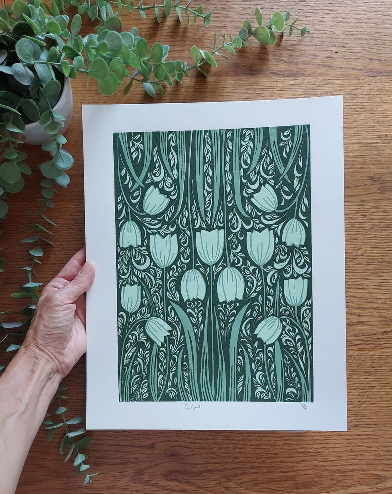 Tulip lino print, Green floral linocut, Tulip pattern art, spring flowers block print, Tulips art, A4 green art, Olive green art, Floral art image 5