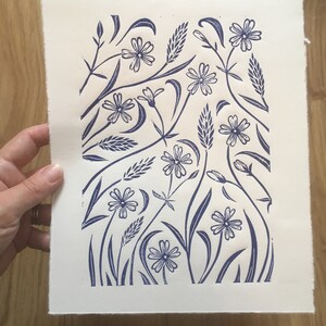 May include: A blue and white floral print on a white background. The print features stylized flowers and leaves.