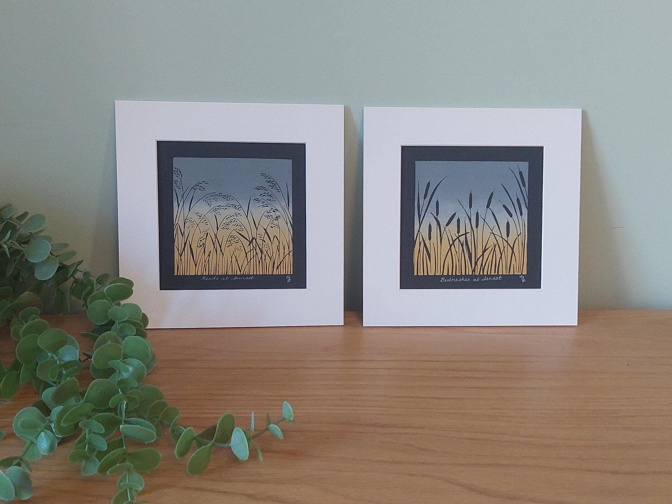 Bulrushes and Reeds Lino Prints, Grey and Ochre Print, Landscape Block ...