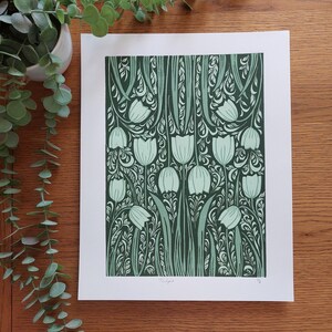 Tulip lino print, Green floral linocut, Tulip pattern art, spring flowers block print, Tulips art, A4 green art, Olive green art, Floral art image 3