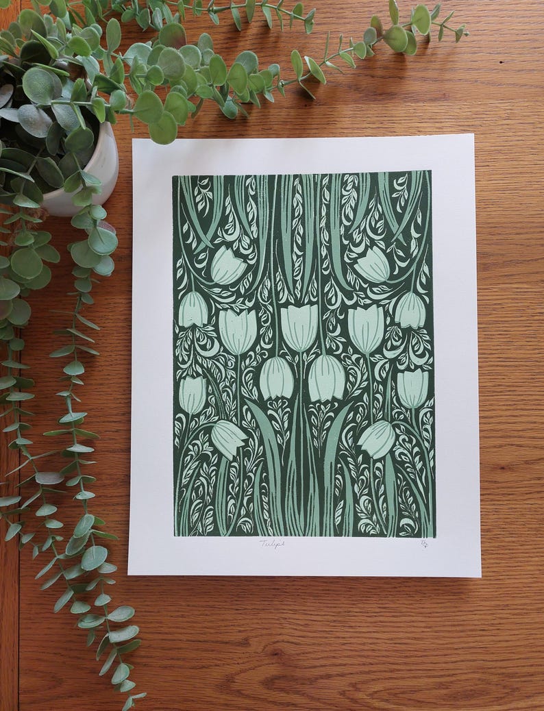 Tulip lino print, Green floral linocut, Tulip pattern art, spring flowers block print, Tulips art, A4 green art, Olive green art, Floral art image 3