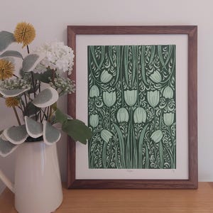 Tulip lino print, Green floral linocut, Tulip pattern art, spring flowers block print, Tulips art, A4 green art, Olive green art, Floral art image 1