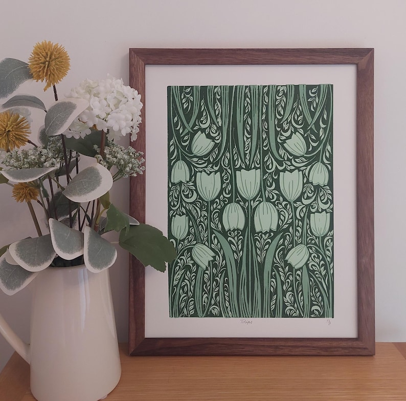 Tulip lino print, Green floral linocut, Tulip pattern art, spring flowers block print, Tulips art, A4 green art, Olive green art, Floral art image 1