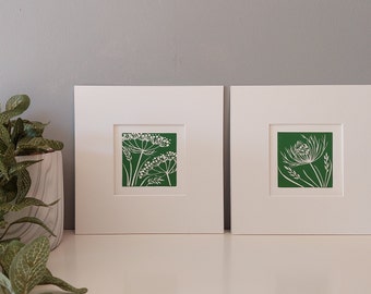 Wild carrot Lino Print, Green floral block print, Green home decor, wild flower art, Queen Annes lace artwork, handmade Flowers print,