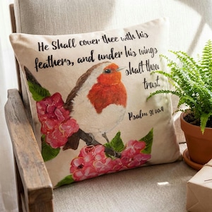 Robin Psalm 91:4 Verse Pillow, Hand painted Acrylic Art Cushion