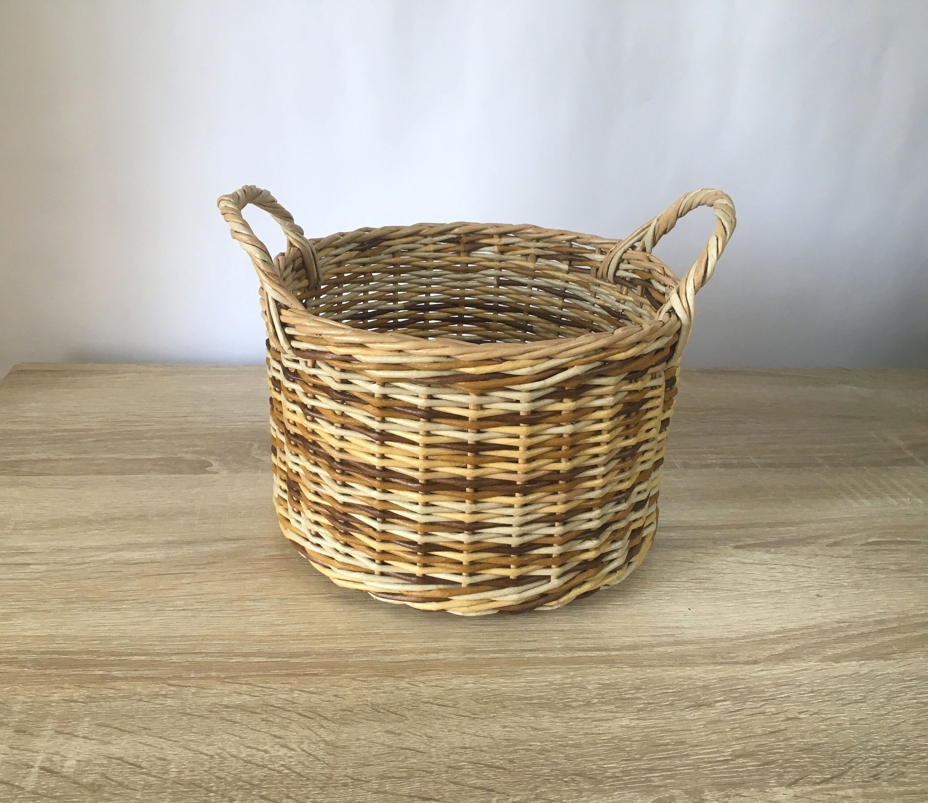 Rustic Storage basket with handles Round Hand Woven wicker Etsy