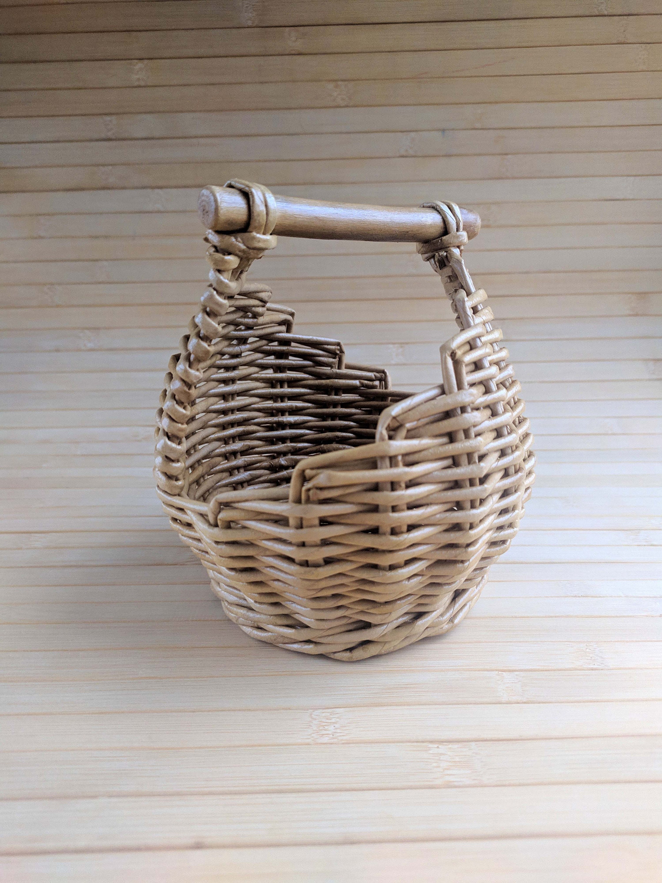 Small mini handwoven wicker basket with wooden handle Rustic Etsy