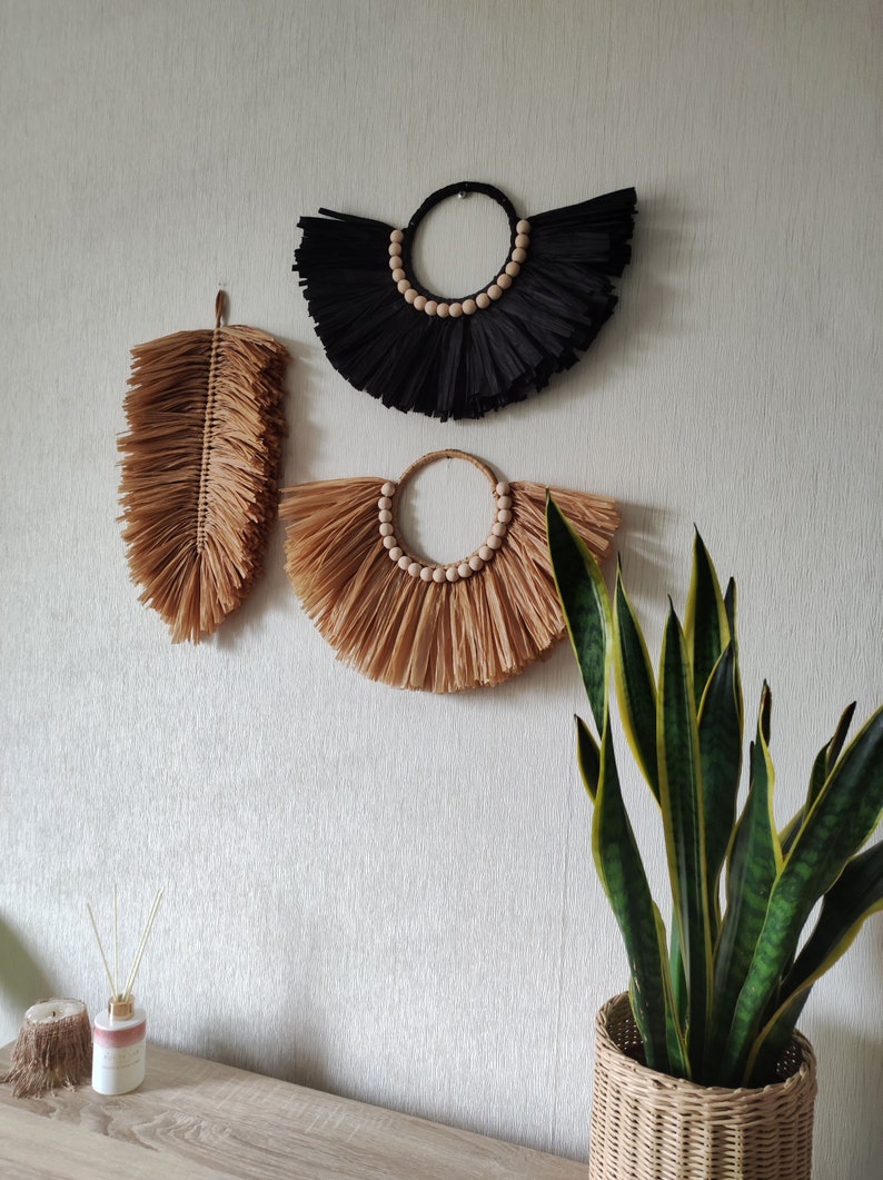 Raffia Macrame Wall Hanging With Wooden Beads Macrame Feather Wall ...