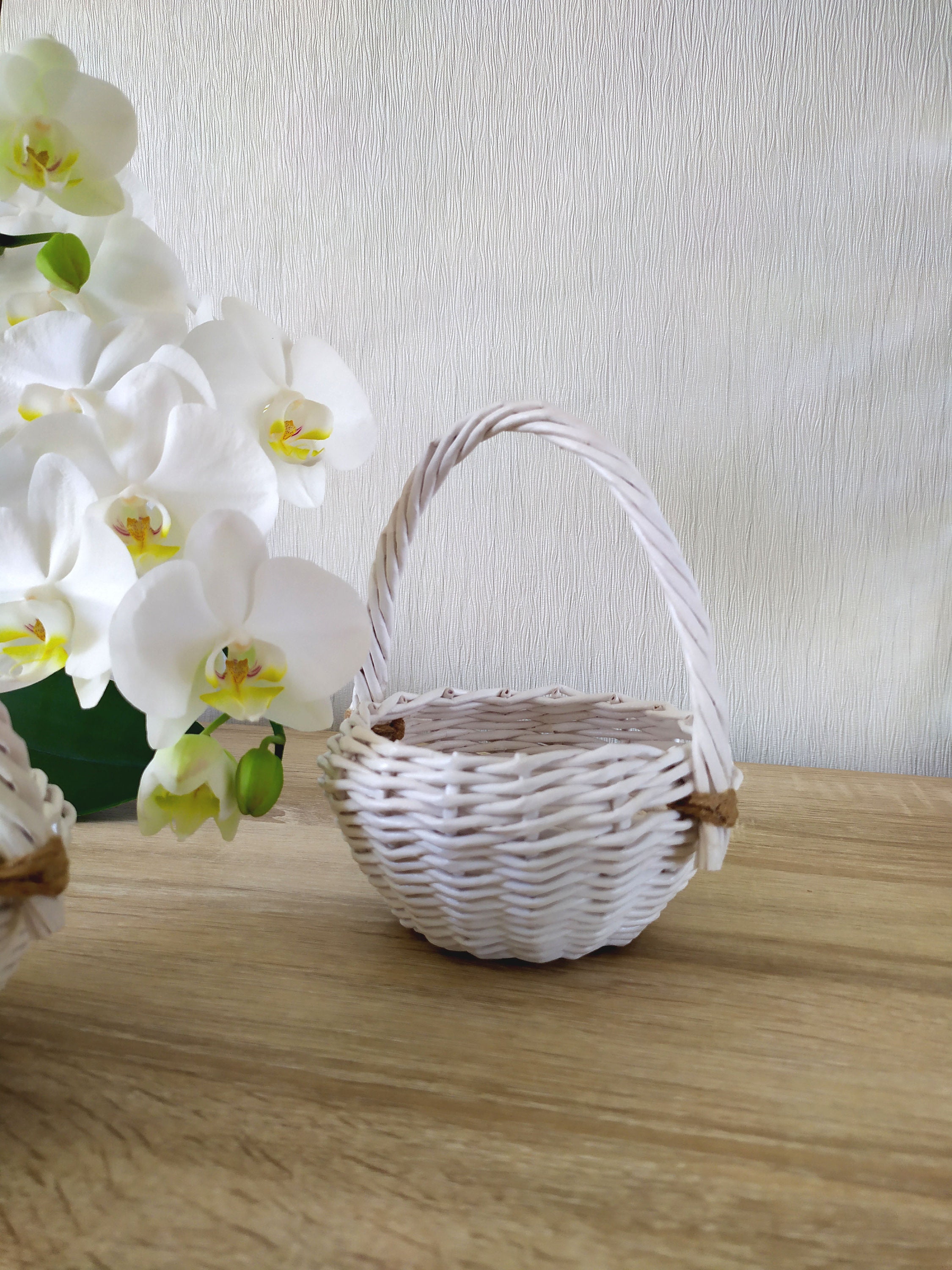 Small white basket with handle Flower girl basket Woven Etsy