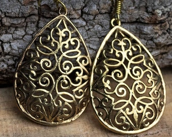 Boho Drop Earrings - Ornament Pattern - Brass