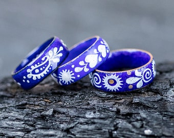 Vintage Emaille Ring 60er Jahre handbemalt blau und weiß