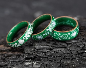 Vintage Emaille Ring 70er Jahre handbemalt grün und weiß