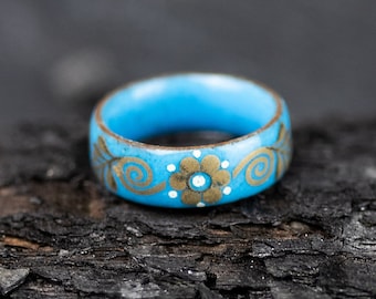 Vintage Emaille Ring 60er Jahre handbemalt hellblau und gold
