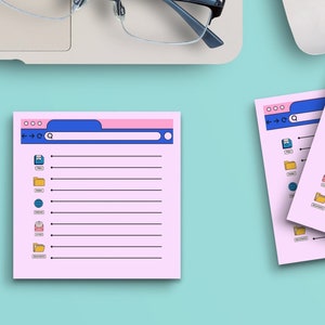 May include: Two pink and blue browser-shaped sticky notes with lines for writing, a laptop computer, a white mouse, a pair of glasses, a cup of coffee, and four silver paper clips on a light blue background.