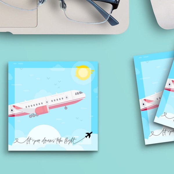 Sticky Notes Let Your Dreams Take Flight Airplane, 3"x3" 50 Sheet Count Cute Funny Memo Note Pads Stationery Journal Planner Paper 1031