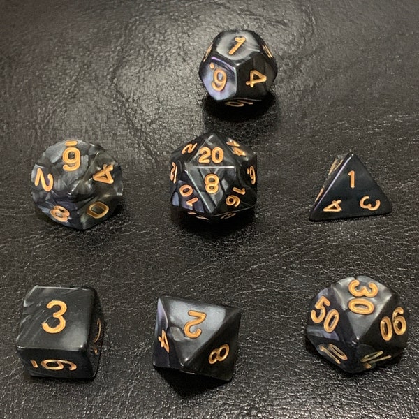 DnD Dice Set 7 Polyhedral Dice - Black and White Acrylic Pearlized Two Color Gold Font Dungeons and Dragons Games d4 d6 d8 d10 d10% d12 d20