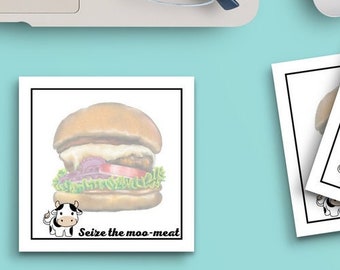 6 Pad Sticky Notes Bundle Seize the Moo-Meat Moo-Ment Cow Hamburger, 3"x3" 50 Sheet Count Cute Funny Memo Note Pads Stationery Paper 1061-62