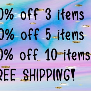 May include: A collage of colorful sticky notes with various designs and patterns. The text "Sticky Notes" is at the top of the image. The text "Some of our variety of sticky notes" is at the bottom of the image.  There is a sale offer for 30% off 3 items, 40% off 5 items, and 50% off 10 items. Free shipping is also offered.