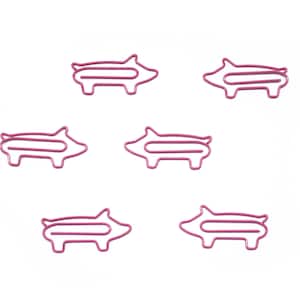 May include: Five pink pig-shaped paper clips. The clips are made of metal and have a shiny finish.