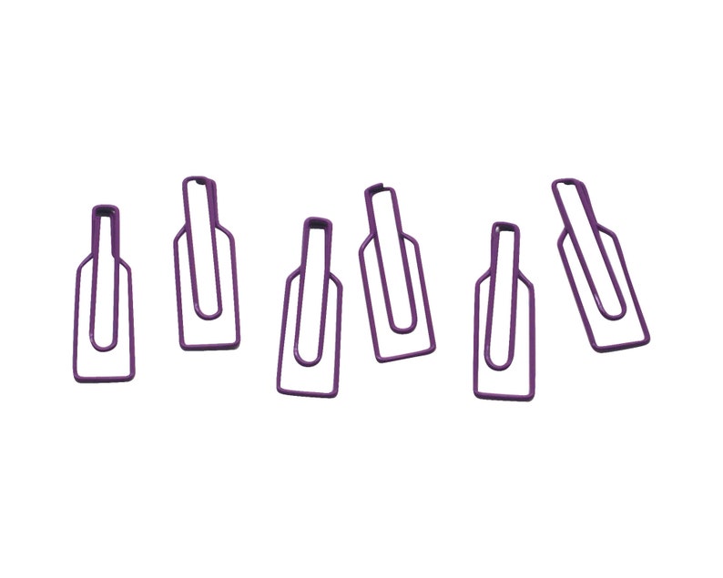 May include: Six purple metal paper clips in the shape of a bottle. The clips are arranged in a row, with the tops of the bottles facing the viewer.