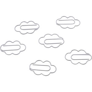 Op de afbeelding: Zes zilveren wolkvormige paperclips. De clips zijn ontworpen om eruit te zien als wolken met een afgeronde vorm en een rechte lijn in het midden.