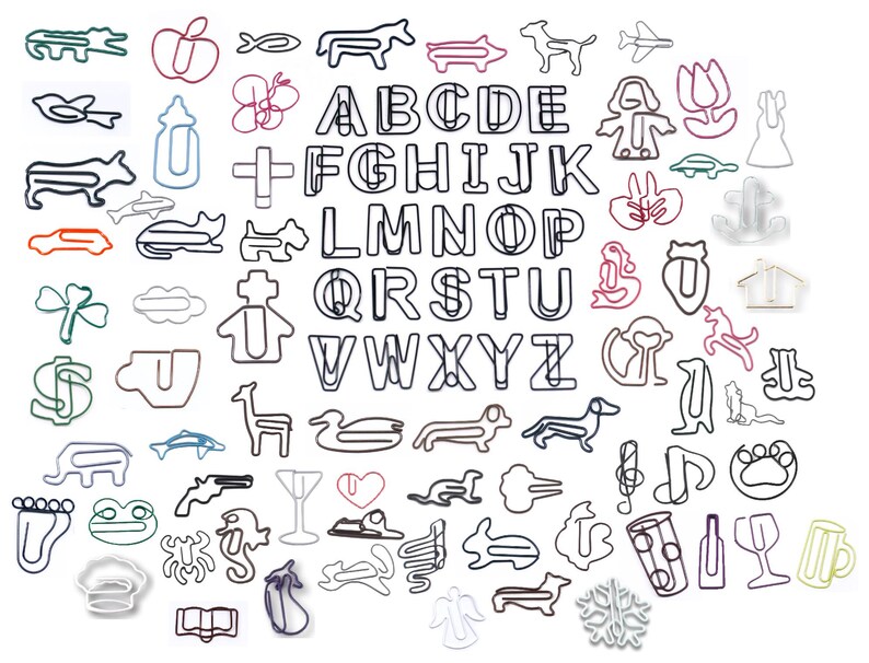 May include: A collection of colorful paperclips shaped into various designs, including letters of the alphabet, animals, and objects. The paperclips are made of metal and are approximately 2 inches in length.