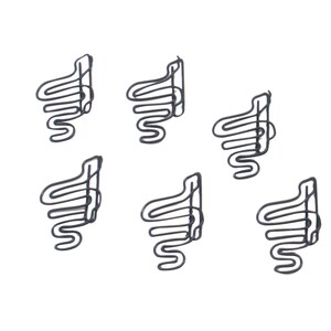 May include: Six black metal wire S-shaped hooks, each with a unique design, are arranged in a symmetrical pattern on a white background.