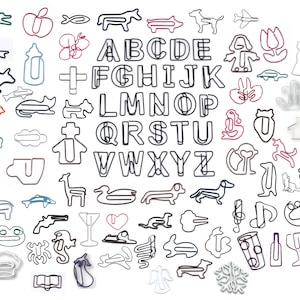 May include: A collection of colourful paperclip creations, including letters of the alphabet, animals, plants, and other objects. The paperclips are made of metal and are bent into various shapes.