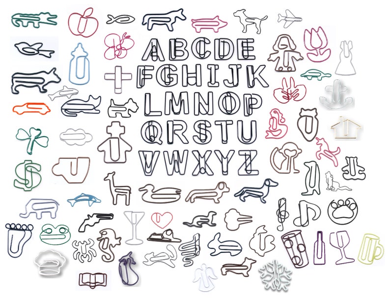 May include: A collection of colourful paperclip creations, including letters of the alphabet, animals, plants, and other objects. The paperclips are made of metal and are bent into various shapes.