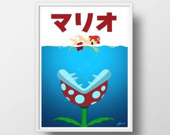 Mario X Jaws Poster Print | Piranha Plant | マリオ | Pop Art | Jaws Parody | Nintendo | Retro Games