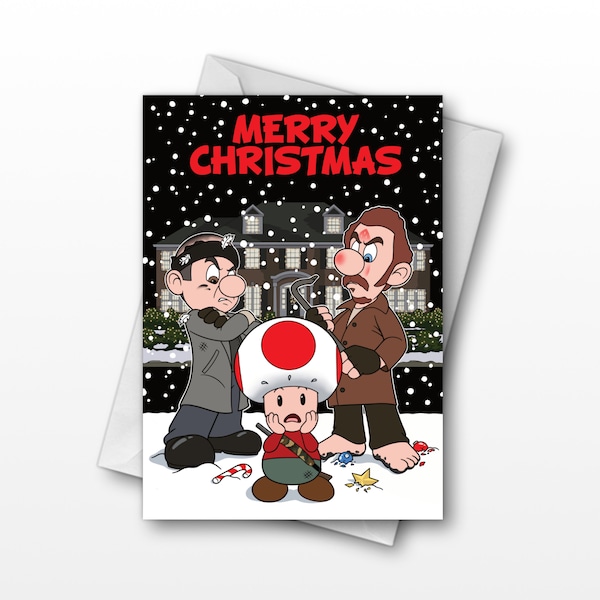 Carte de Noël Mario x Seul à la maison | Dessin animé Nintendo | Pop-art | Carte de Noël Mashup | Cadeau rétro Mario Luigi