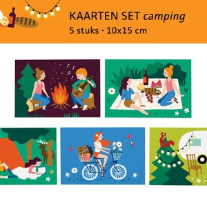 Camping ansichtkaarten fietsvakantie reis picknick kampvuur natuur / ansichtkaarten - set van 5 - ontwerp Heleen van den Thillart