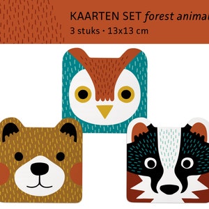 Cartoline di animali della foresta orso gufo tasso ritagli con orecchie / Kerstkaarten ansichtkaarten - set di 3 - design di Heleen van den Thillart