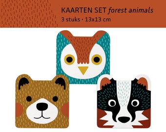 Forest Animals postcards bear owl badger cutout cards with ears / Kerstkaarten ansichtkaarten - set of 3 - design by Heleen van den Thillart