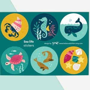 Zeedieren stickervel oceaanleven illustratie envelop zegel cadeauverpakking walvis zeepaardje schildpad krab - ontwerp door Heleen van den Thillart